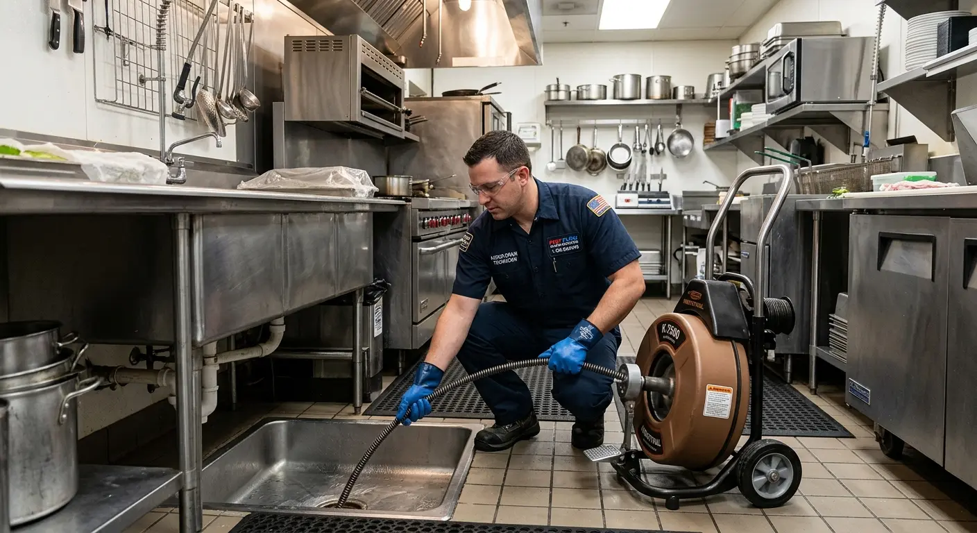 Commercial drain cleaning service in a restaurant kitchen in Lower Providence