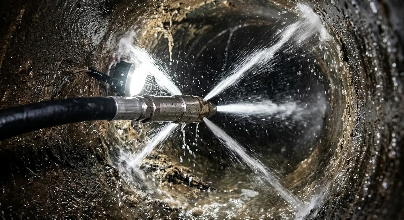 High-pressure hydro jetting nozzle cleaning sewer pipe for Sewer Cleanout in Lower Providence