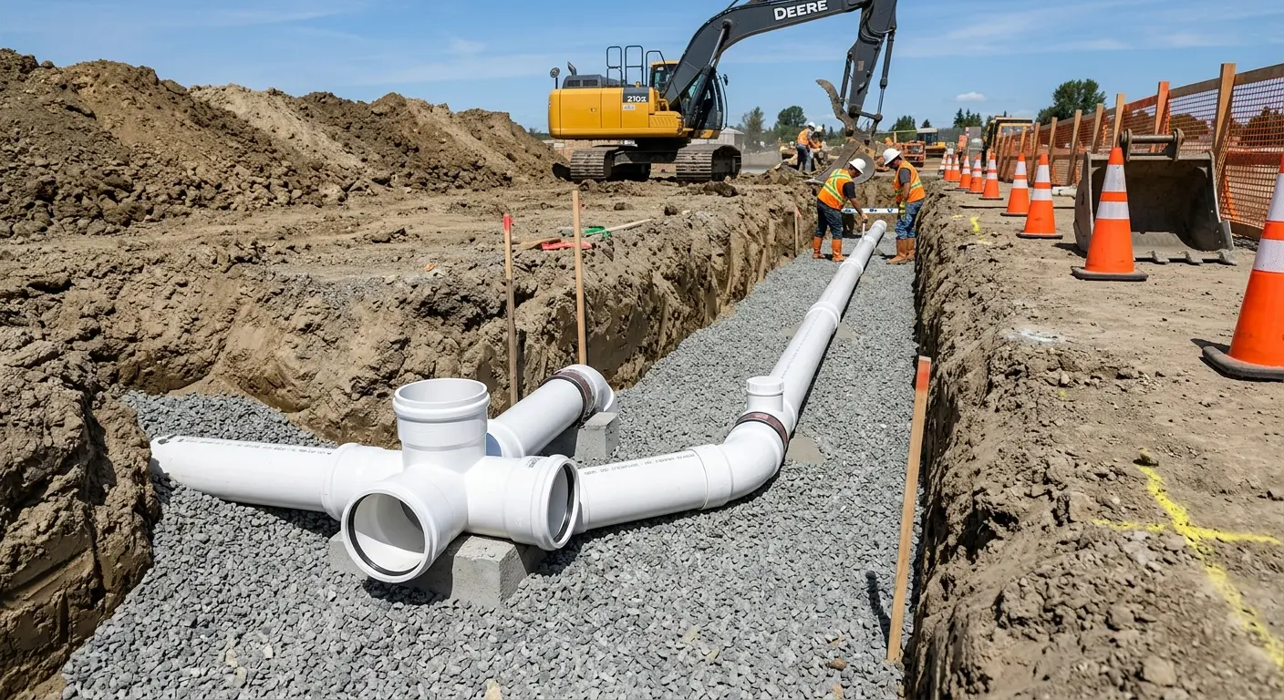 New PVC sewer pipe installation in open trench for Grease Trap Cleaning in Lower Providence