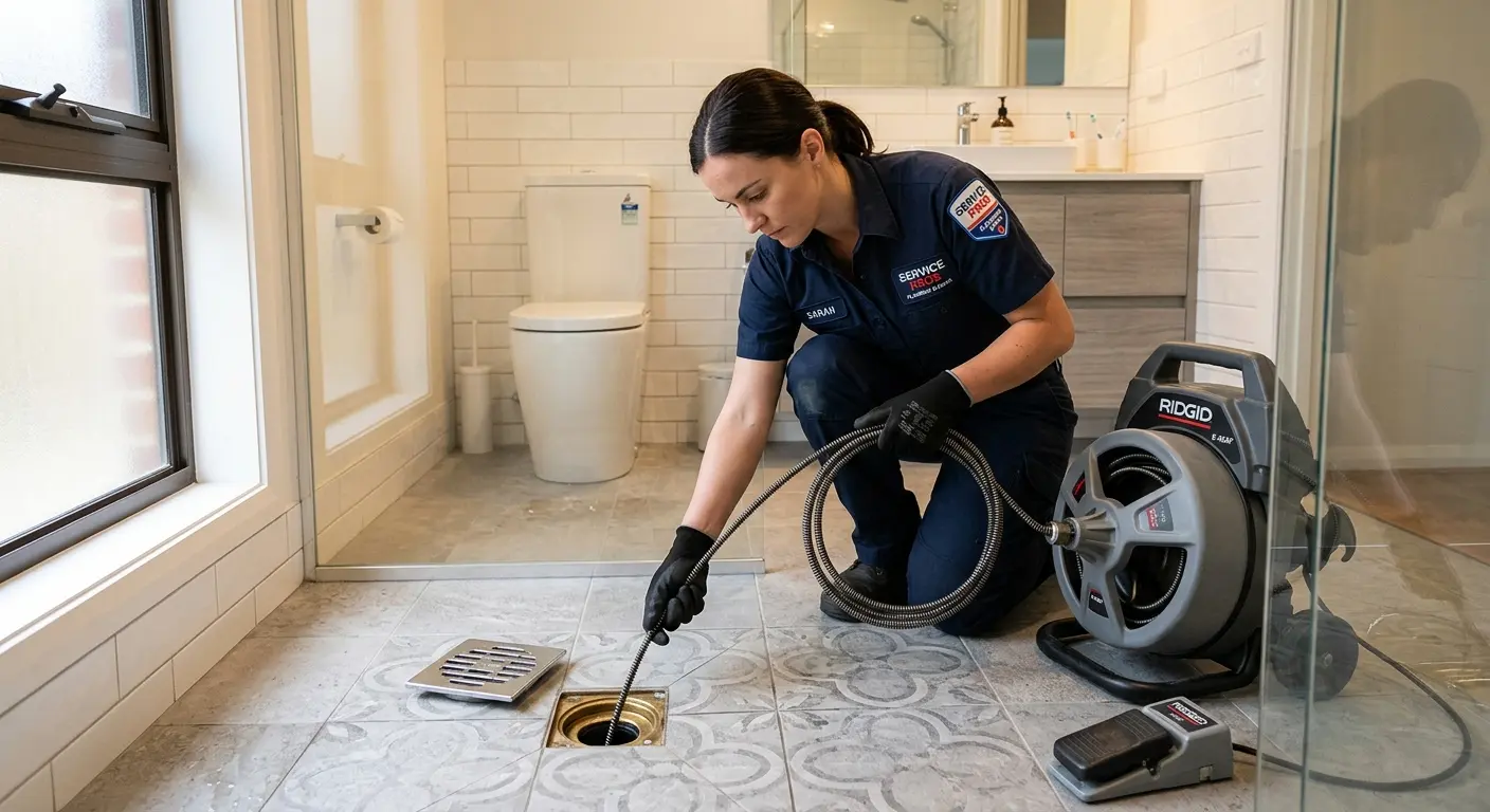 Technician clearing a bathroom floor drain for Sewer Line Installation in Lower Providence